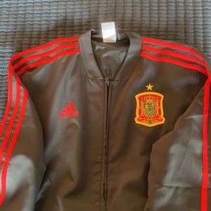 Adidas Spanish Soccer Jacket grey and red. Madrid shorts and Spain backpack